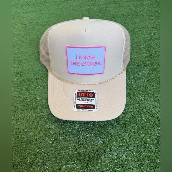 Cream and Pink Trucker Hat, I know the owner trucker hat, adjustable strap - Picture 1 of 2